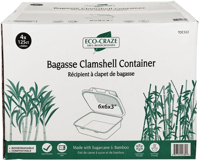 Bagasse Clamshell Container - 6x6"