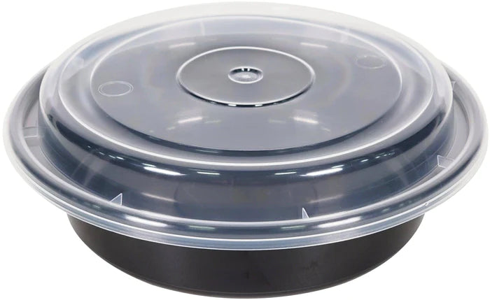 24 oz - 7" Microwaveable Black Round Container + Clear Lid