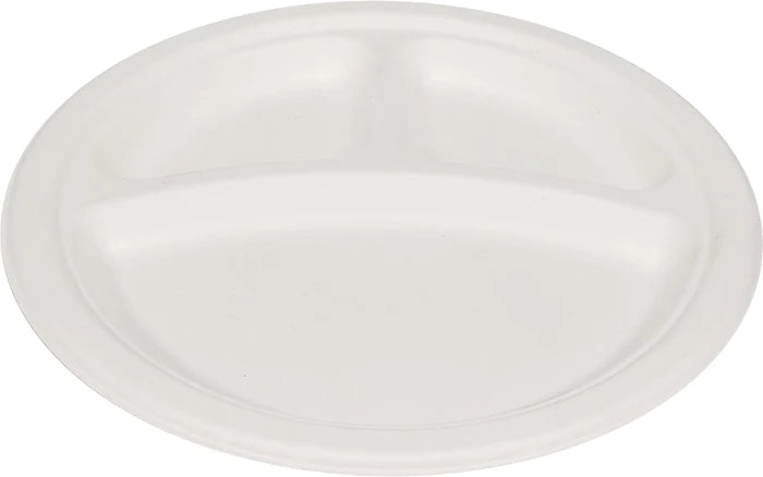 9" 3 Compartment Round Plate- Biodegradable