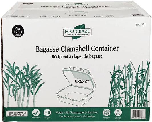 Bagasse Clamshell Container - 6x6"