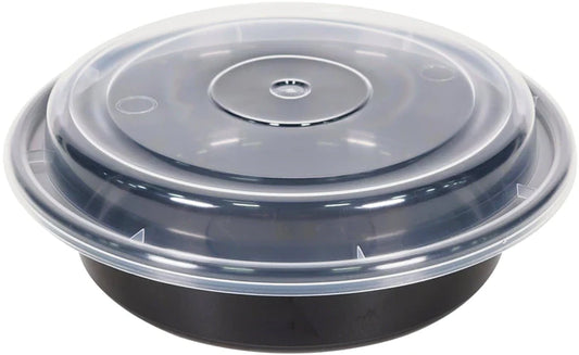 24 oz - 7" Microwaveable Black Round Container + Clear Lid