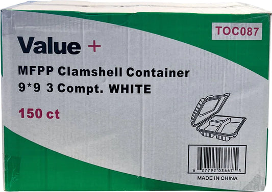 Clamshell Container - 9x9x2.8" -3 Compt. White - EP-93