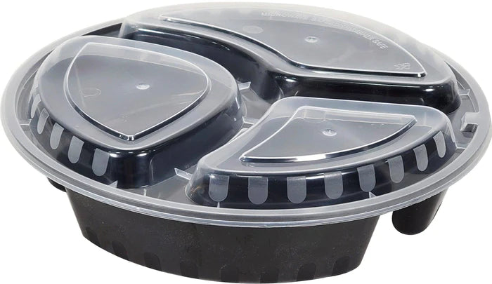 JR-348B - 9" 3 Comp. Round Black/White Plastic Container