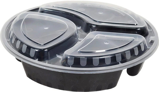 JR-348B - 9" 3 Comp. Round Black/White Plastic Container