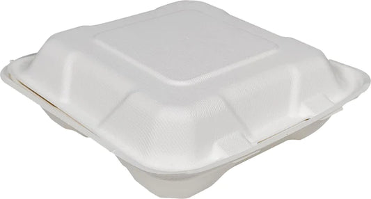 8X8X3 - 3 Compartment Bagasse Clamshell - Biodegradeable